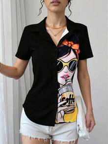 Blusa de mujer con estampado de chica de moda, manga corta y abotonadura, top de manga corta - Negro - Ver 6