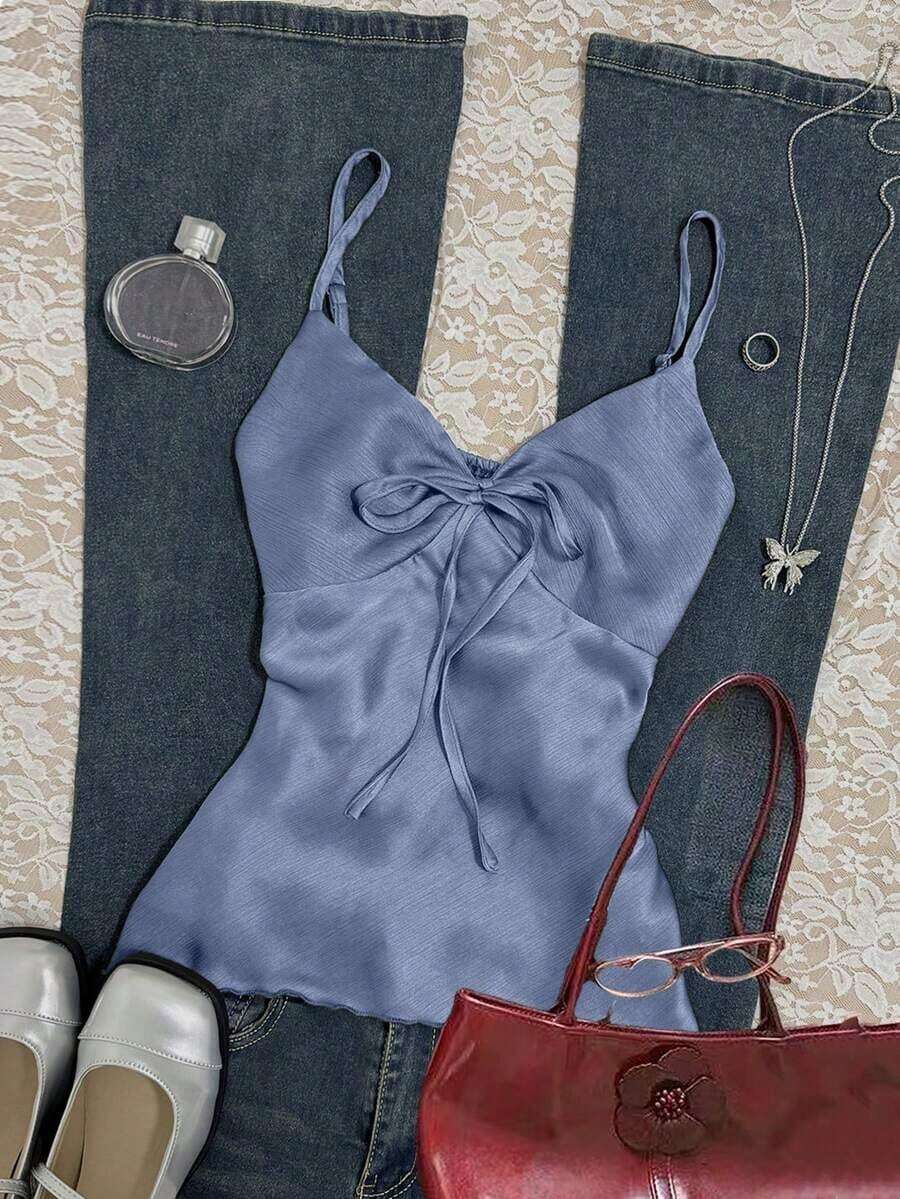 Camiseta sin tirantes minimalista con nudo delantero para mujer, ideal para el verano - Azul - Ver 1