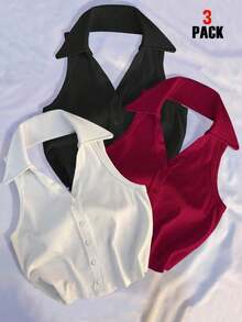 Blusa sin mangas con cuello polo y escote en V para mujer, de estilo casual y chic para la calle, en color marrón - Multicolor - Ver 1