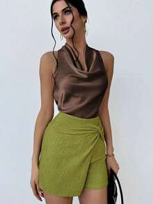 Blusa elegante minimalista con cuello drapeado y lazo delantero para mujeres, color albaricoque - Café integral 2 - Ver 4
