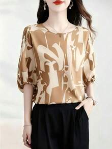 1 pieza Blusa elegante y casual minimalista de mujer con cuello redondo y manga media, con estampado, adecuada para uso diario y vacaciones, primavera/verano/otoño - Color albaricoque intenso - Ver 2