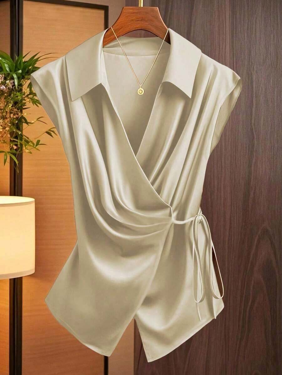 Camisa de mujer con estampado de flores silvestres, cuello, sin mangas, con lazo en la cintura - Albaricoque - Ver 1