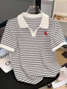 Camiseta de manga corta con cuello de polo a rayas casual de verano para mujer - Multicolor - Ver 5