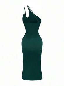 Vestido midi ajustado de unicolor y sexy para mujer - Verde Oscuro - Ver 4