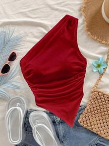Blusa casual de unicolor con hombros oblicuos y ajustada, apropiada para el verano - Multicolor - Ver 1