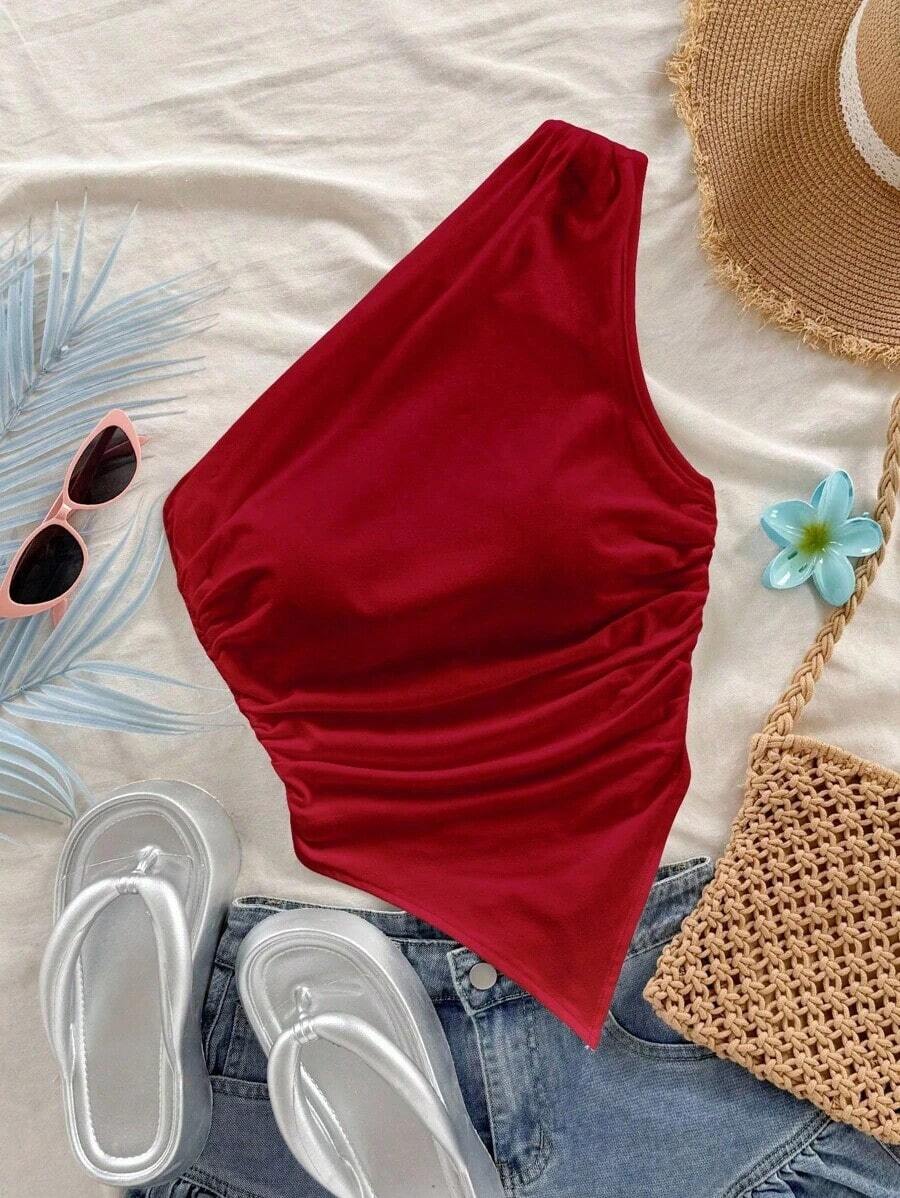 Blusa casual de unicolor con hombros oblicuos y ajustada, apropiada para el verano - Multicolor - Ver 1