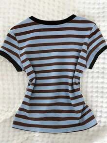 Camiseta casual de verano para mujer, mangas de color contrastante personalizadas, estampado clásico de estrella de cinco puntas, color retro, elegante, uso diario, corte relajado - Multicolor 2 - Ver 2