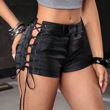 Women's Retro Punk Grommet Lace-Up Black Coated Low Waist Shorts, Versatile Casual Slim Fit Shorts - Negro - Ver 6