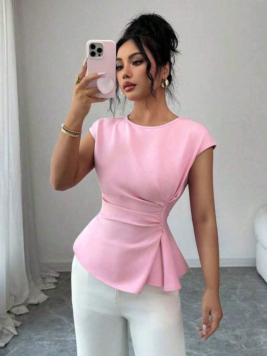 Conjunto de primavera para mujer para exteriores, adecuado para Año Nuevo, Día de San Valentín, Pascua, Día de la Madre, fiesta de Oriente Medio, boda, elegante vacación romántica francesa, lugar de trabajo, blusa sin mangas con cintura ceñida y v - Rosa - Ver 1