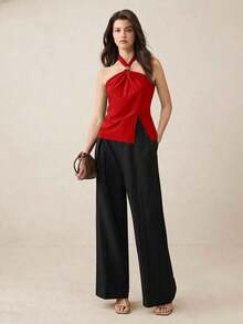 Top con cuello de halter, diseño de botón de metal verde, abertura lateral, elegante y chic para uso urbano y diario, estilo romántico retro de los 90.Adecuado para Navidad, Año Nuevo, San Valentín, fiestas, playa, graduación, moda, carnaval, bod - Rojo - Ver 5