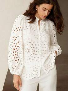 Nueva llegada Blusa de manga larga con bordado, estilo francés casual, con pliegues y calados en la parte delantera - Blanco - Ver 3