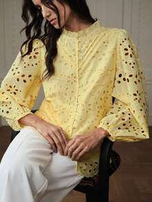 Nueva llegada Blusa de manga larga con bordado, estilo francés casual, con pliegues y calados en la parte delantera - Amarillo - Ver 2
