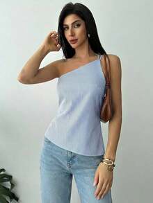 Nueva llegada Primavera/Verano Elegante Top casual de lino color albaricoque con cintura fruncida, bajo asimétrico y espalda descubierta - Azul y blanco - Ver 7