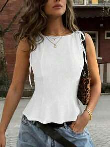 1 pieza Blusa informal de punto de unicolor con volante, rosa de verano - Blanco 2 - Ver 2