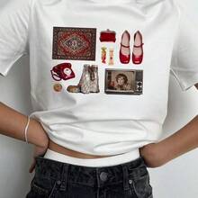 Top de mujer versátil, holgado, de manga corta, con estampado retro, elegante, de algodón, personalizado, de estilo europeo y americano, novedad de verano 2026. - Blanco - Ver 2
