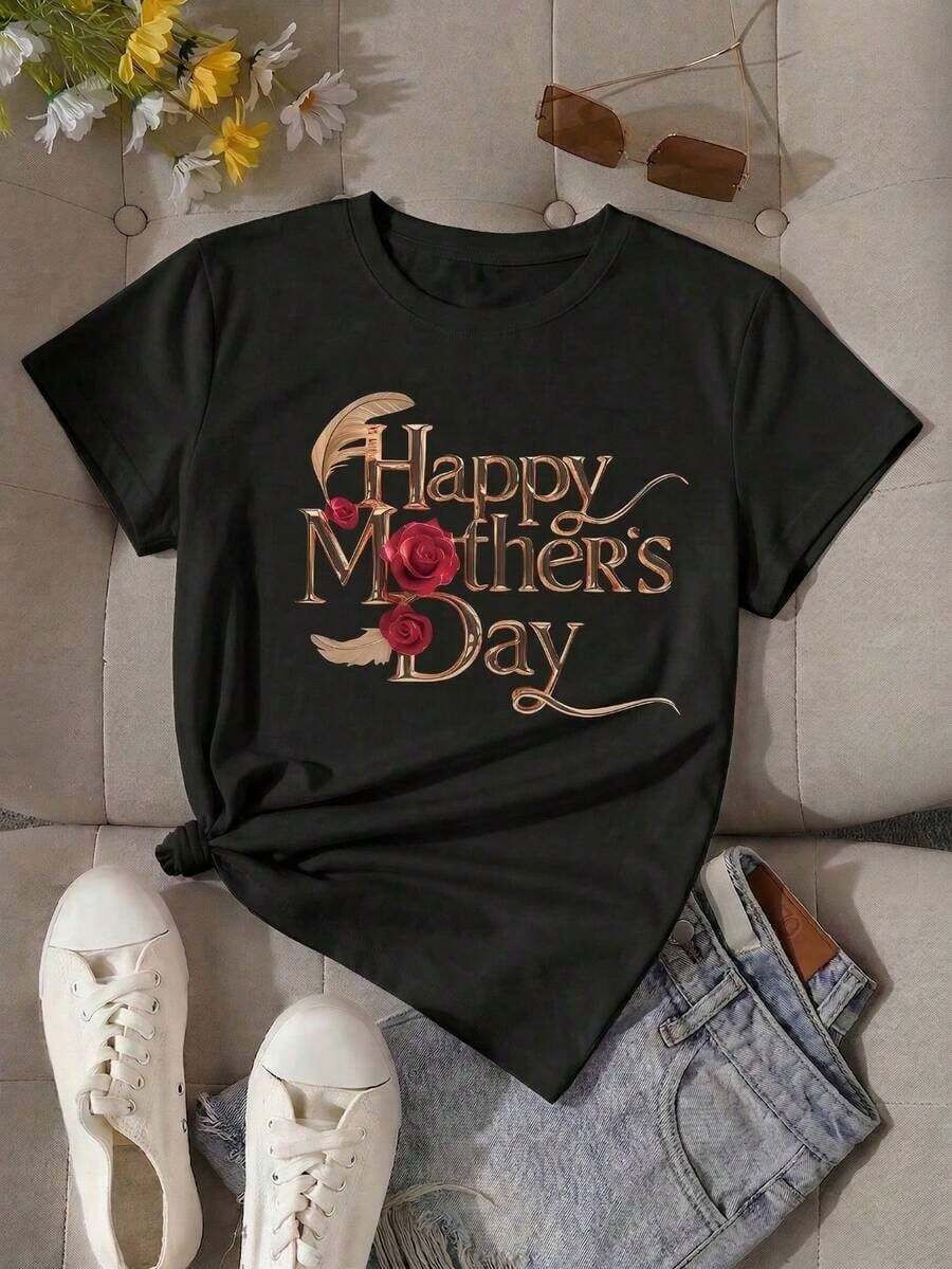 100% Cotton Women's Short Sleeve Shirt With Round Neck And Rose Print, Casual Black, For Mother's Day - 黑色 - 查看 1