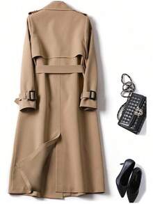 Gabardina larga de doble botonadura para mujer, clásica y elegante, chamarra de solapa a prueba de viento con cinturón, ropa exterior de otoño e invierno - Caqui - Ver 4