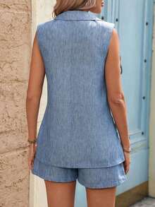 Conjunto de chaleco y pantalones cortos casuales para mujer, atuendo para ir al trabajo - Azul 2 - Ver 2