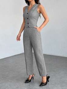 PETITE Conjunto de chaleco sin mangas de frente abierto y pantalones holgados para otoño/invierno - Gris Claro - Ver 4