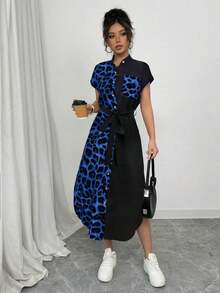 Vestido largo de manga corta para verano 2025, nuevo, con bolsillo, abertura lateral, cinturón y lazo, estampado de leopardo, para uso casual y de viaje - Azul - Ver 6