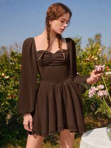 MOD Vestido escote corazón de manga farol pecho con fruncido - Marrón Chocolate - Ver 4