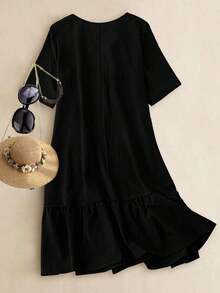 Vestido casual de manga corta con bordado para mujer talla grande, adecuado para ocio y vacaciones - Negro - Ver 2