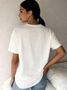 Women's Round Neck T-Shirt, Casual Short Sleeve Top With Heart Print, Summer - 白色 3 - 查看 3