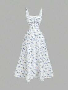 MOD Vestido floral con panel delantero de encaje, cuello cuadrado, espalda recogida con lazo, vestido de fiesta, vestido de brunch, vestido de vacaciones, vestido de banquete, vestido del Día de San Valentín, atuendos de vacaciones en la playa, estilo bohemio, vestidos de verano, vestido maxi floral blanco y azul para invitada de boda, estilo cottagecore, vestido línea A sin mangas de cuello cuadrado, vestido de verano elegante para boda en jardín, fiesta de cóctel, compromiso, reunión festiva - Azul y blanco - Ver 5