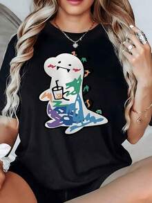 Tierno dinosaurio colorido con bebida que transmite diversión y energía juvenil ideal para espíritus creativos camiseta de mujer 100% algodón 220g - Negro - Ver 2