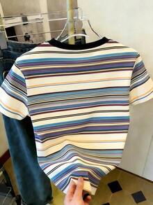 Camiseta de manga corta de mujer con cuello redondo, estampado de lunares, de uso casual y versátil para uso diario - Multicolor 3 - Ver 2