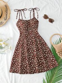 Vestido mini con tirantes de espagueti y estampado floral ditsy con lazo - Café integral - Ver 5