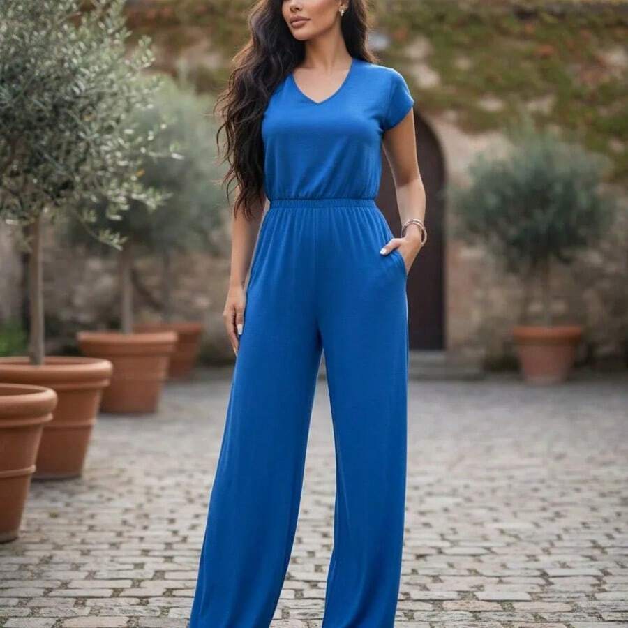 Women's Palazzo Jumpsuit - Comfortable, High Quality, Perfect For Everyday Wear - 皇家藍 - 查看 1