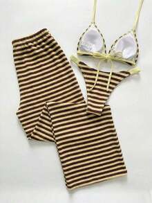 Swim Chiccia Conjunto de bikini a rayas sexy para mujer con pantalones, nueva llegada de trajes de baño para mujer 2026, adecuado para la escuela, vacaciones, citas, té de la tarde, estilo occidental, cruceros, playa, isla, viajes por carretera, todas las estaciones, festivales de música, vacaciones bohemias, vacaciones bohemias, otoño relajado, estilo occidental bohemio, blusas elegantes para mujer - Multicolor 6 - Ver 2