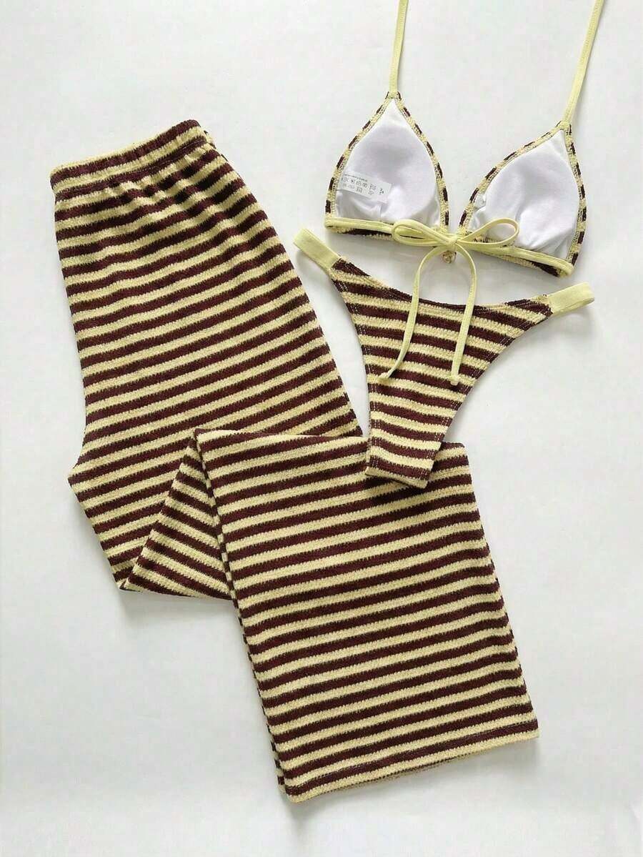 Swim Chiccia Conjunto de bikini a rayas para mujer con pantalones, nueva llegada de trajes de baño para mujer 2026, adecuado para la escuela, vacaciones, citas,é de la tarde, estilo occidental, cruceros, playa, isla, viajes por carretera, todas las estaciones, festivales deúsica, vacaciones bohemias, vacaciones bohemias, otoño relajado, estilo occidental bohemio, blusas elegantes para mujer - Multicolor 8 - Ver 1
