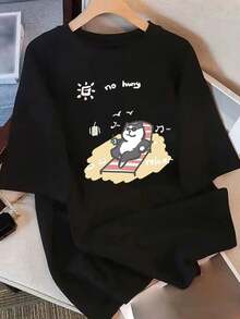 Camiseta manga corta cuello redondo 100% algodón, estampado trendy, tejido ligero y ventilado, estilo moda casual, apta para vida diaria, salidas informales y citas en primavera, verano y otoño - Negro - Ver 12