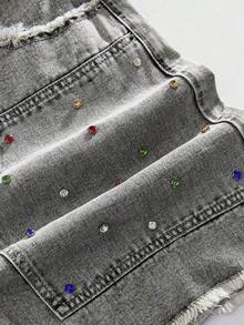 ROMWE MEN Street Life Pantalones cortos de mezclilla con doble cintura y bordado para hombres - Gris Claro - Ver 5