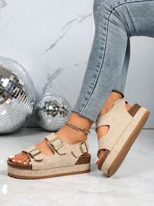 Adjustable Women's Woven Straw Pattern Sandals, Women's Double Strap Buckle Backstrap Open Toe Thick Bottom Casual Shoes, Platform Thick Bottom Sandals, Summer Holiday Style - Checkered Khaki - View 5