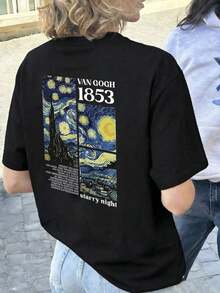 Women's Short Sleeve T-Shirts Casual Women's T-Shirt, A Tribute To Van Gogh's Masterpiece "The Starry Night" And A Numbered Pattern From 1853, Comfortable And Versatile For Spring/Summer, With A Round Neck And Short Sleeves, Elegantly Printed - 黑色 - 查看 10