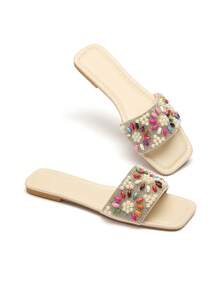 Trivaya Minimalist Fashion Comfortable Beaded Slippers For Women, Versatile Outdoor Wear, Summer New Rhinestone Flat Sandals,Beach Outfits - Beige - View 3