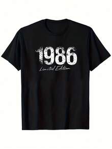 Camiseta de Edición Limitada Vintage 1986 para Hombre - Diseño Gráfico con Números Desgastados, Ligera y Transpirable, Cuello Redondo, Uso Casual al Aire Libre para Gimnasio y Uso Diario - Estilo Casual Retro (Lavable a Máquina) - Negro - Ver 7