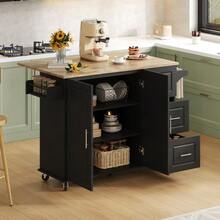 Large Mobile Kitchen Table L137*W43(76)*H92cm, Oak Top, Foldable, Multifunctional Furniture, 3 Drawers, Towel Rack, Ideal For The Kitchen, Dining Room, Home - Black - View 5