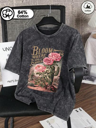 Áo thun nữ cỡ lớn cổ tròn bằng cotton, giặt axit, họa tiết gai và hoa, hoàn hảo cho trang phục hàng ngày mùa hè.
