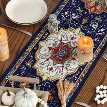 1pc Indigo Persian Rug Pattern Printed Table Runner, Boho Style Rectangular Table Runner/Cabinet Decor Flag, Polyester Printed, Suitable For Indoor/Outdoor, Daily Use, Wedding, Holiday Home Decor, Dining Room, Living Room, Dining Table, Kitchen, Party, Holiday Gift, All Seasons - Multicolor - View 7