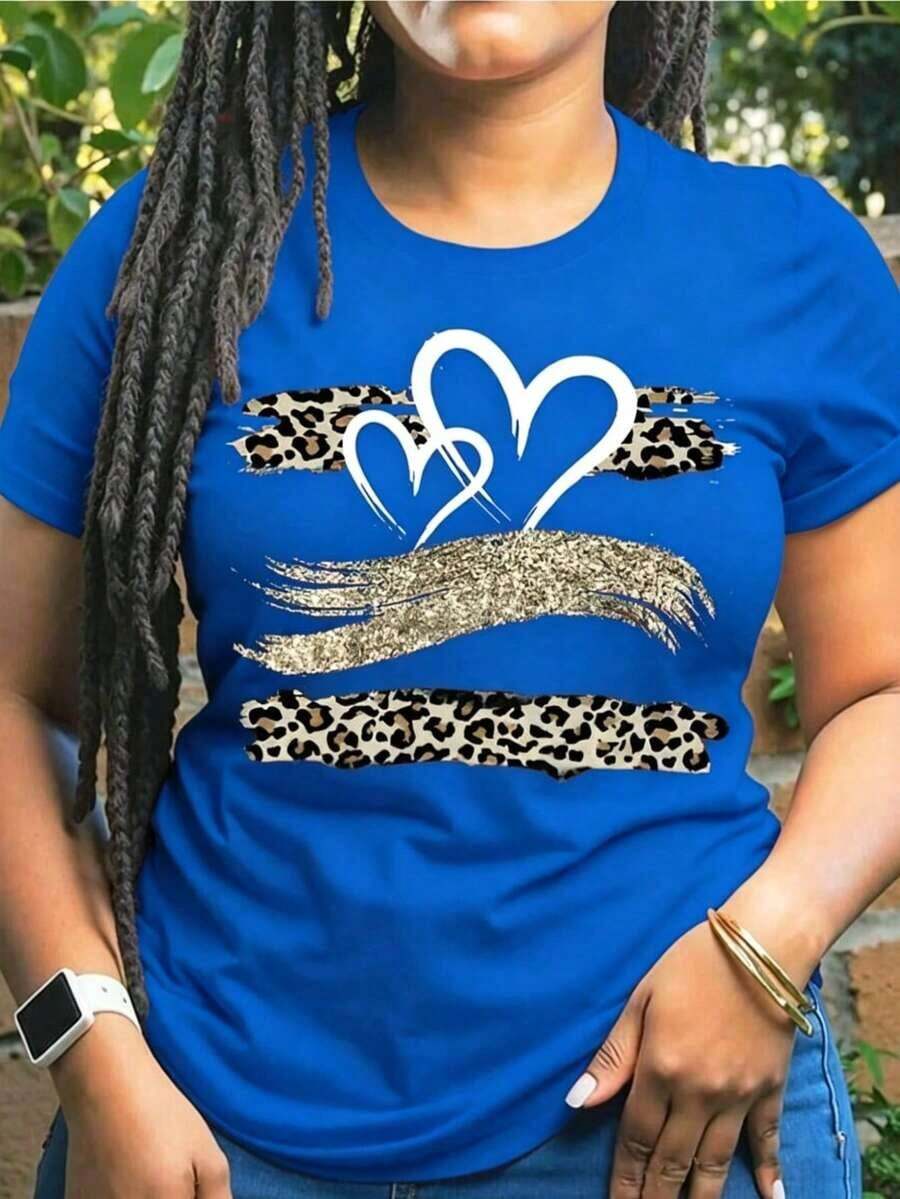 Graphic TeesCamiseta de Mujer Roja con Estampado de Leopardo y Corazón Brillante, Manga Corta y Cuello Redondo para Verano y Primavera, , Diseño Audaz y ElegantCottno-Vintage Street Style Unisexoose Cotton Short Sleeve Crew Neck T-Shirt - Azul - Ver 1