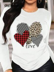 Playera camiseta gráfica dama mujer manga larga cuello redondo básica cómoda fresca ligera moderna juvenil casual urbana suave frío estampado corazón corazones cuadros romántico bohemio ZIQW - Blanco - Ver 1