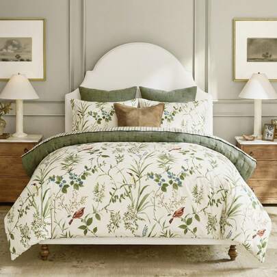 3pcs Green Watercolor Leaf & Bird Print Duvet Cover Set (1 Duvet Cover + 2 Pillow Shams, Comforter Not Included), Made Of High-Quality Polyester Fabric, Soft & Skin-Friendly, Lightweight & Breathable Material, Suitable For Master Bedroom, Guest Room, Secondary Bedroom, All Seasons, Ideal Gift. Spring/Summer Bedding, Bedroom Decor