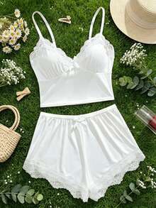 2 Pcs Sexy Women's Lingerie Set Adjustable-Strap Bow-Detail Pullover Top & Boxer-Style Shorts Lace-Accented Push-Up Solid-Color Sleepwear Home - White - View 8