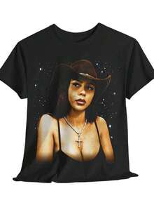 Men's And Women's Hip-Hop T-Shirt, Mariah Scientist Rapper, Classic Women's T-Shirt With Free Thugs Print, Crew Neck, Short Sleeve, Y2K Vintage Streetwear Style, YAYH Women's Oversized Cotton Graphic T-Shirt - 粉色 - 查看 4