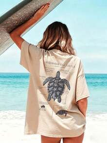 Camiseta de manga corta para mujer, estilo casual de verano, con estampado de tortuga marina, corte holgado, cuello redondo, color albaricoque, top moderno para el día a día, adecuado para uso diario en vacaciones, top blanco. - Albaricoque - Ver 7