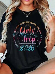 Unisex Graphic Tee For Girls Trip 2026 - Retro Matching Sets For Best Friends - Sleeveless Crew Neck Streetwear Casual Top - 'Girls Trip' And 2026 Lettering Design - Breathable For All Seasons - Vibrant Colors For Birthday Parties And Outdoor Activities - Medium Tee - 黑色 - 查看 1
